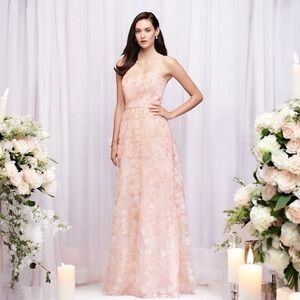 OLEG CASSINI OC290028 PETAL STRAPLESS METALLIC BOTANICAL BRIDESMAID EVENING GOWN